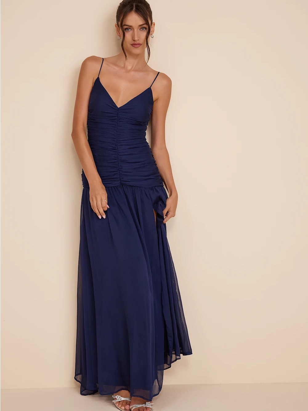 Lulu's Navy Ruched Spaghetti-Strap Maxi Gown